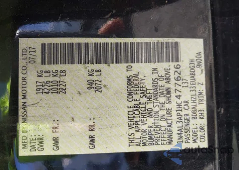 2017 Nissan Altima 2.5 Sr z USA, uszkodzony, nr VIN 1N4AL3AP1HC477626